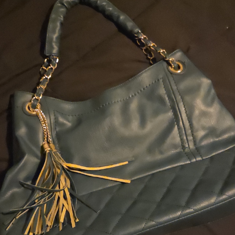 Black Rivet Teal Quilted Shoulder Bag with Tassel